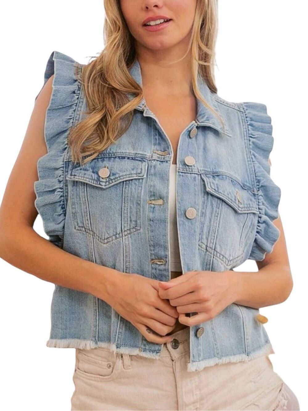 Ruffled Sleeveless Denim Vest Size Small Button Down Frayed Hem Turn Down Collar